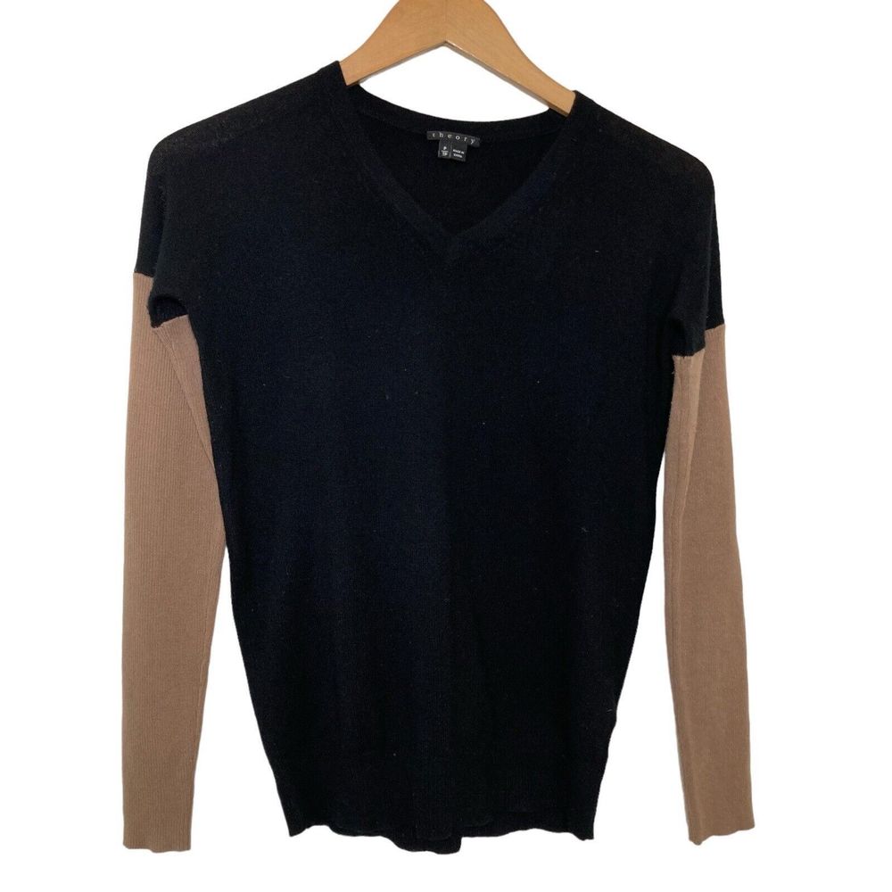 Theory 100% Cashmere Black Bodice Camel Sleeves V-Neck Sweater Size P /TP Soft